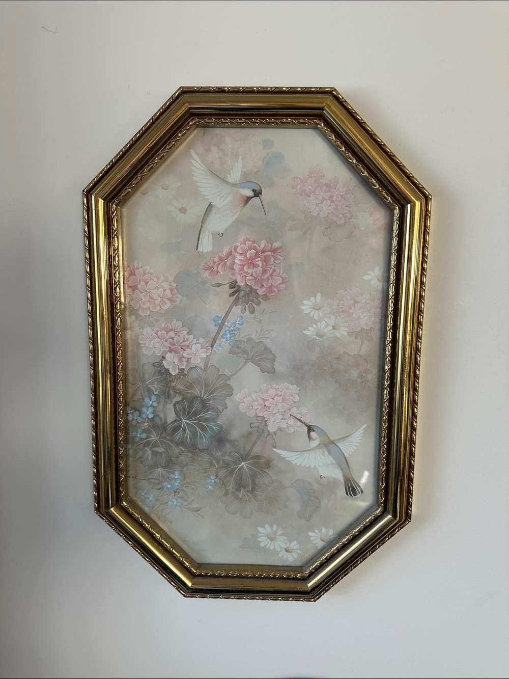 Vintage 1983 Homco Hummingbird Framed Art Print - Gold Octagon 22x14